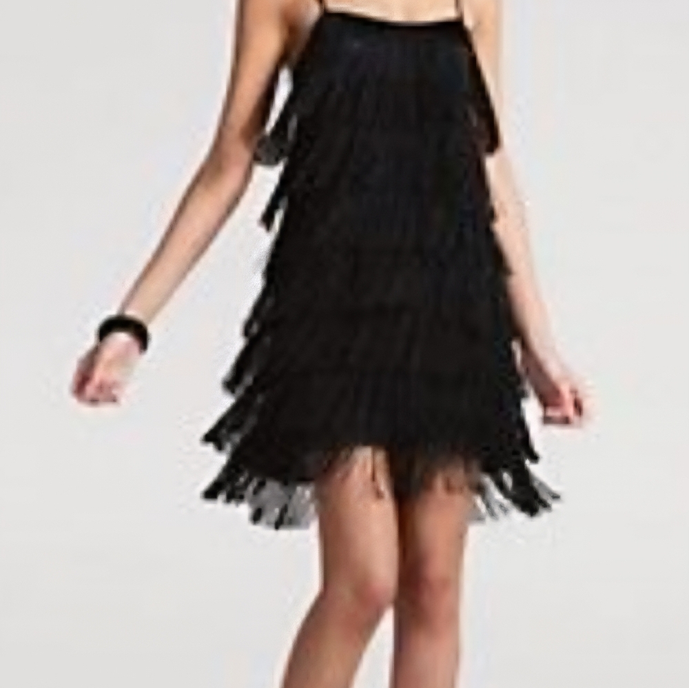 Feench Connection. Elegant Black Strapless Fringe Dress